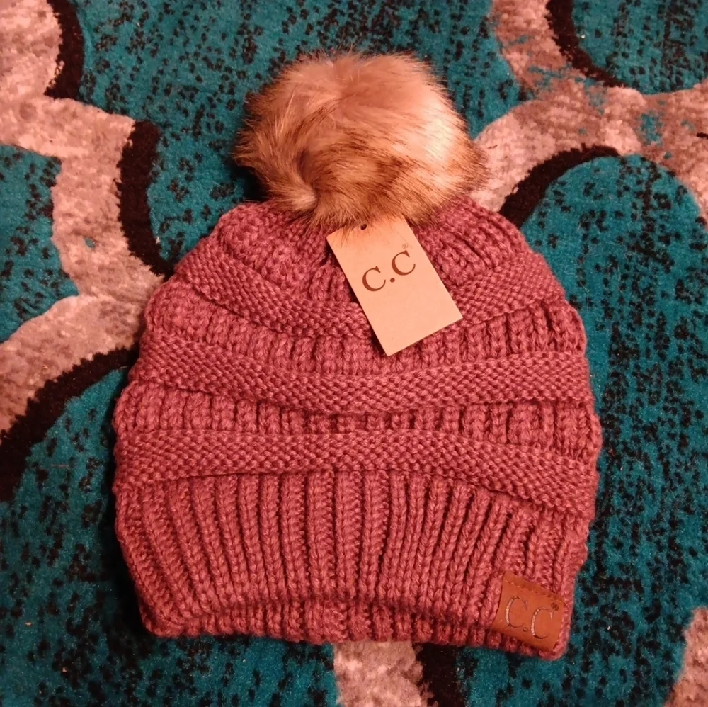 C.C  Women's Soft Stretch Cable Knit Faux Fur Pom Beanie Hat