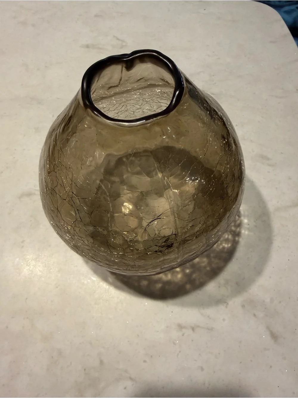 Anthropologie Smoky Gray Crackle Glass Vase 7” Tall 5” Wide Bulbous Hand Blown