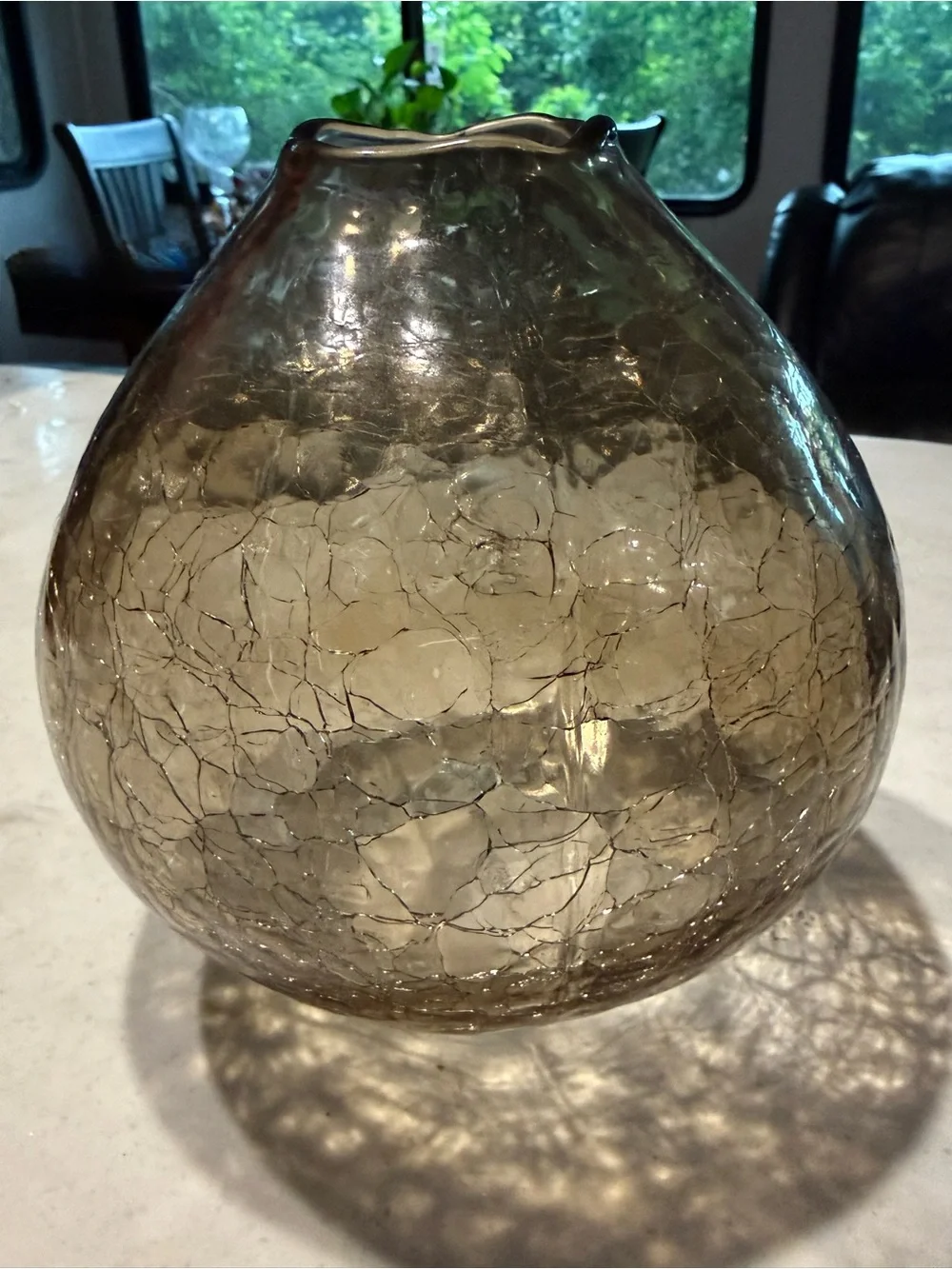 Anthropologie Smoky Gray Crackle Glass Vase 7” Tall 5” Wide Bulbous Hand Blown