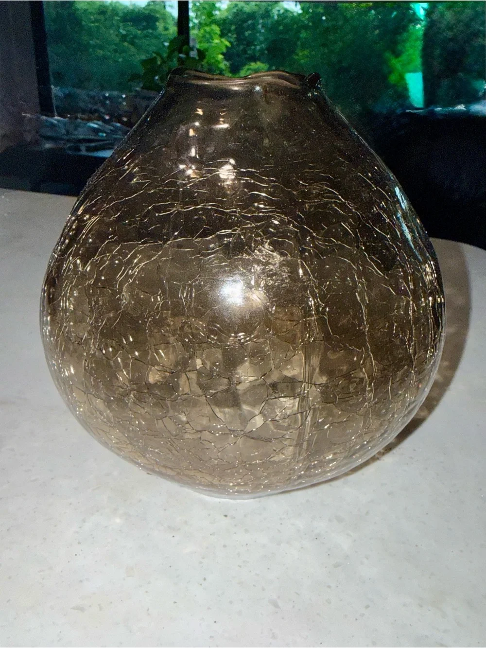 Anthropologie Smoky Gray Crackle Glass Vase 7” Tall 5” Wide Bulbous Hand Blown