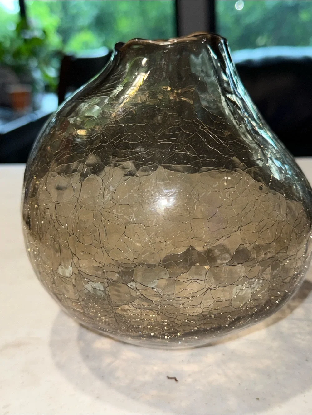 Anthropologie Smoky Gray Crackle Glass Vase 7” Tall 5” Wide Bulbous Hand Blown