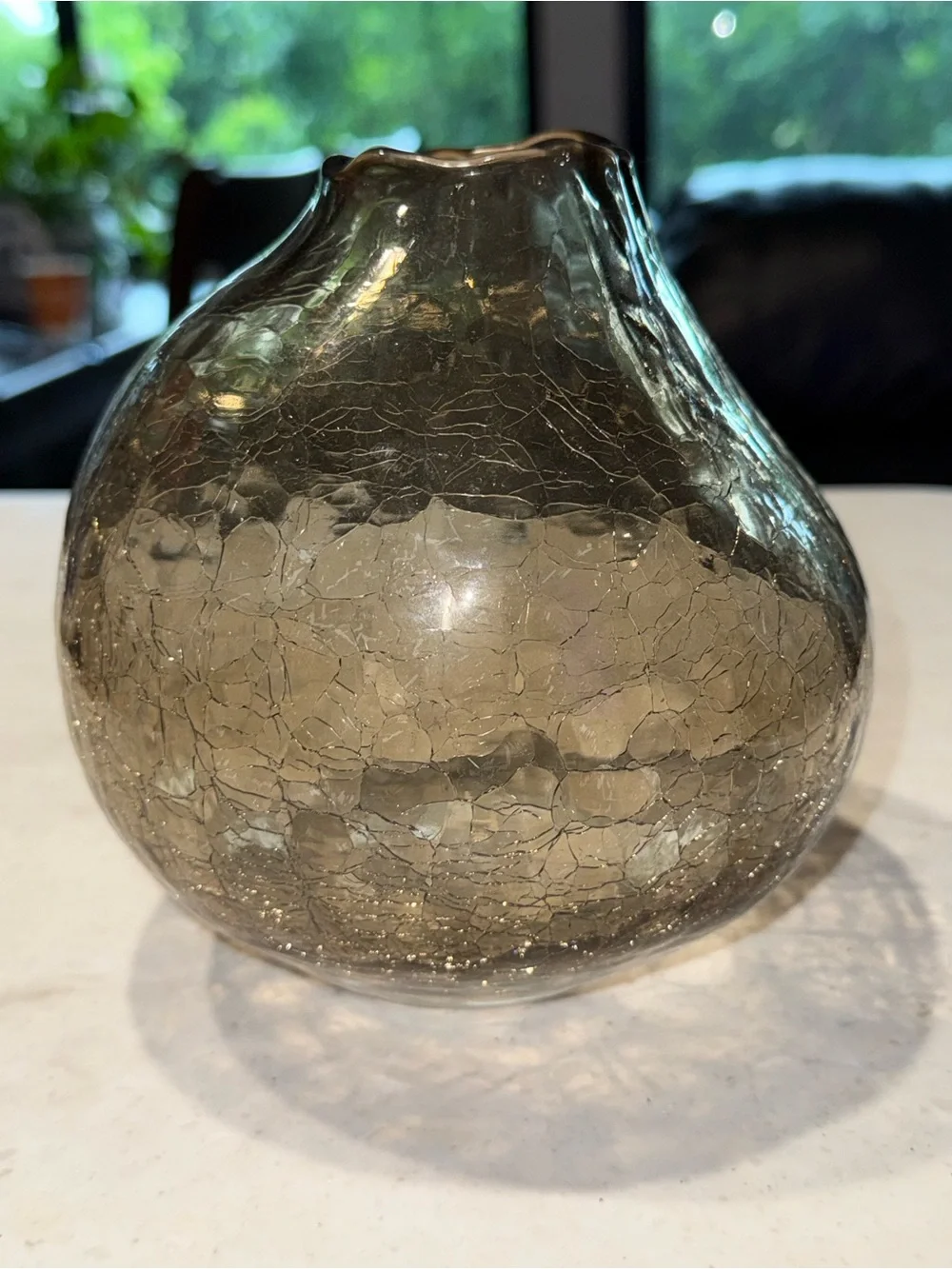 Anthropologie Smoky Gray Crackle Glass Vase 7” Tall 5” Wide Bulbous Hand Blown