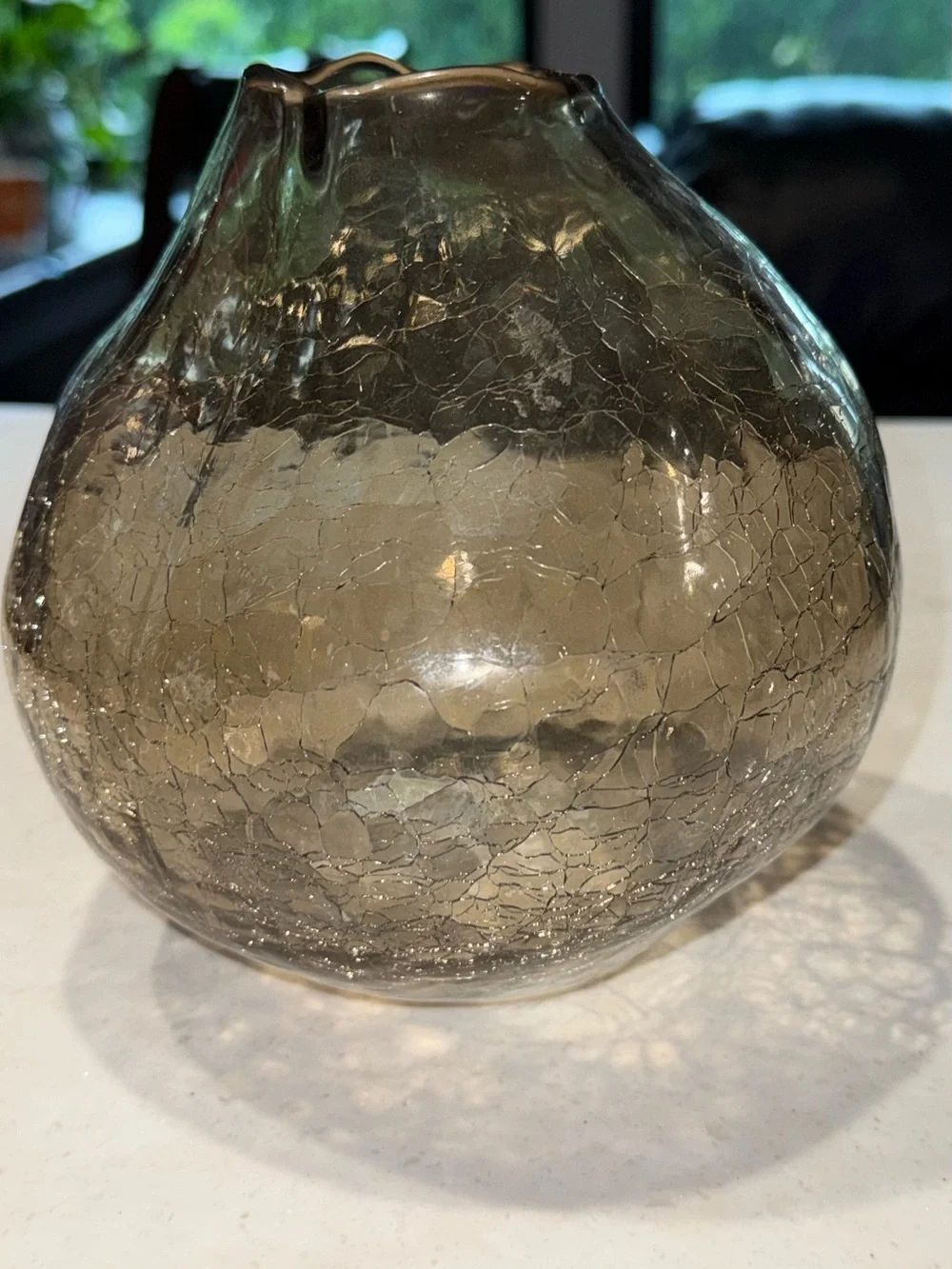 Anthropologie Smoky Gray Crackle Glass Vase 7” Tall 5” Wide Bulbous Hand Blown