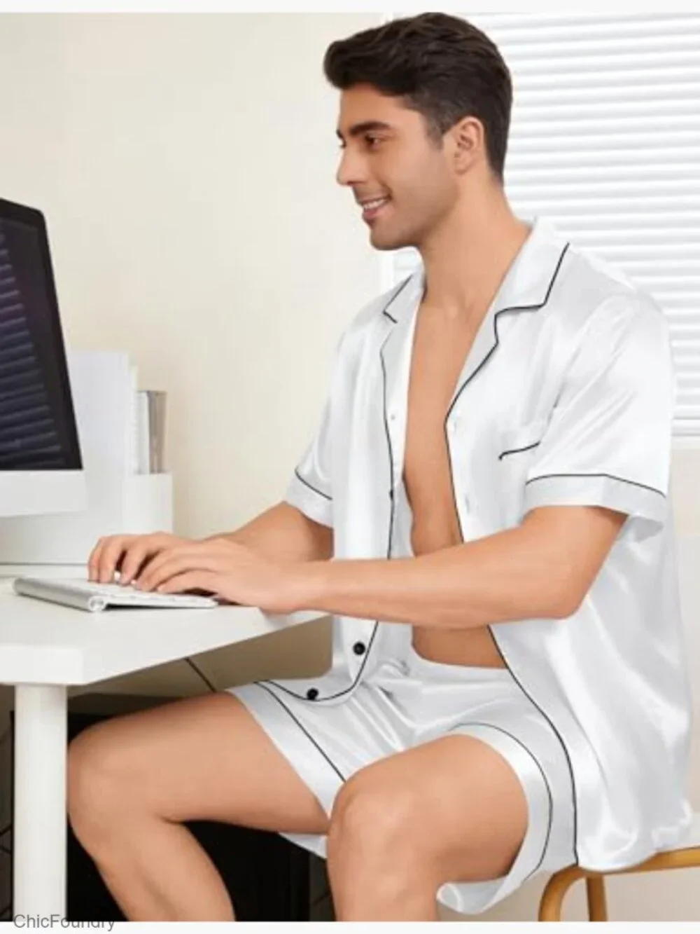 Men Silk Pajama Set Short Sleeve Satin PJs 2 Piece Button Down Sleepwear