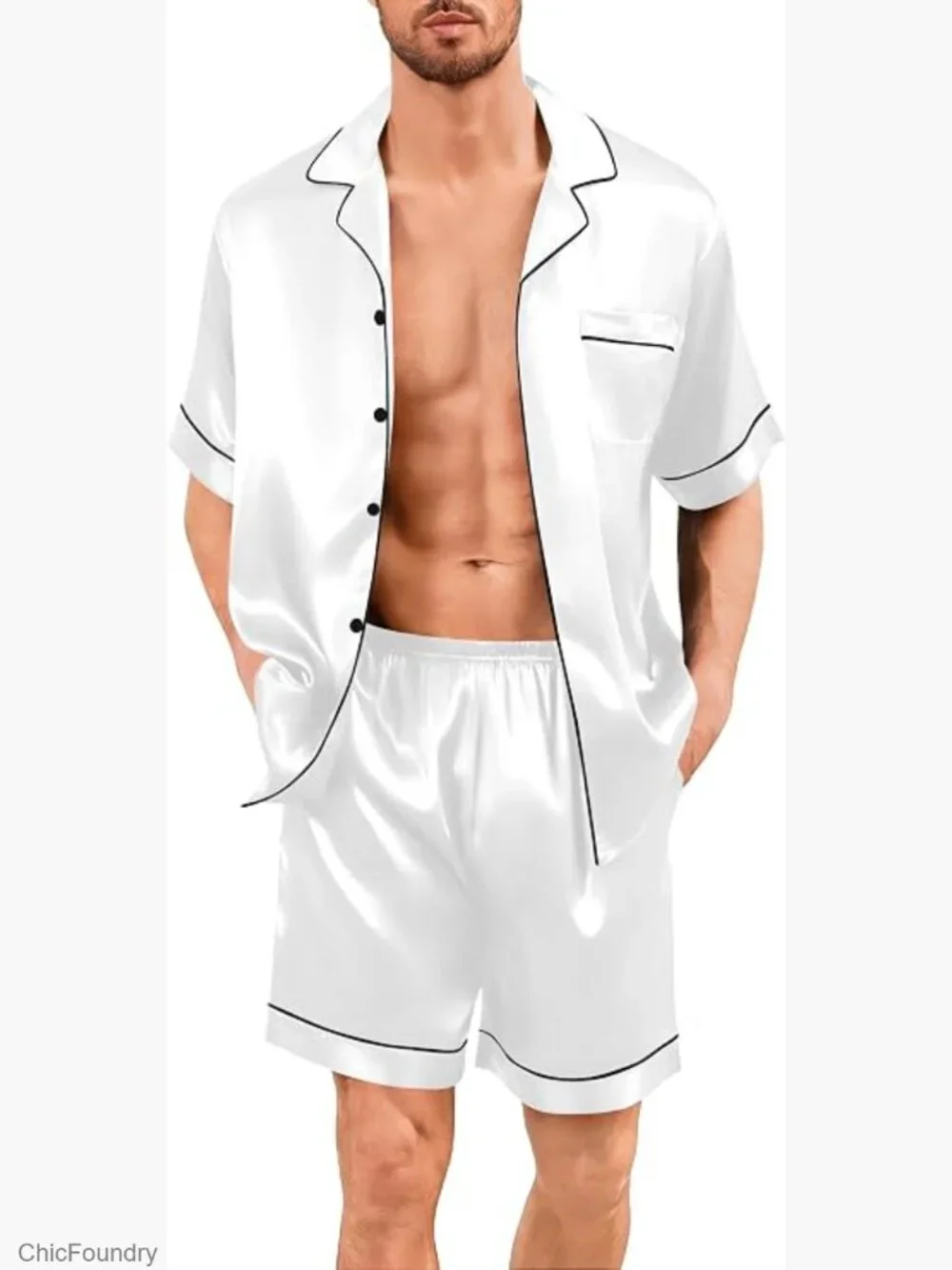 Men Silk Pajama Set Short Sleeve Satin PJs 2 Piece Button Down Sleepwear