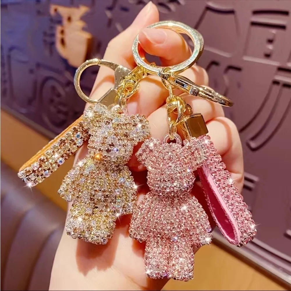 Pink & Gold Rhinestone Teddy Bear Keychain for Wallet,Backpack,Purse