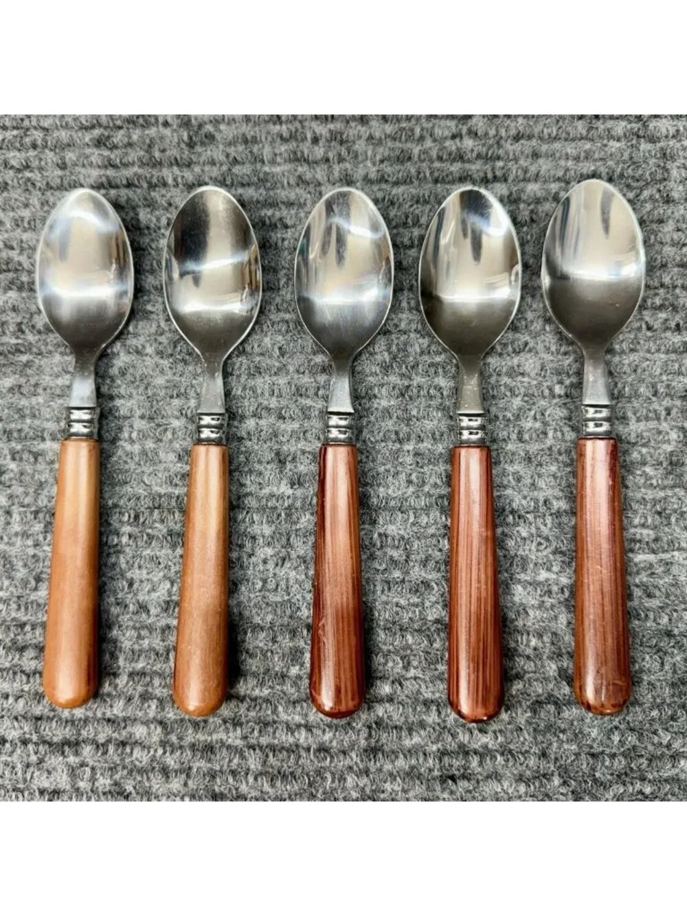 Faberware Silverware Lot Of 5 Spoons Teaspoon Faux Wood Brown Handle Vintage
