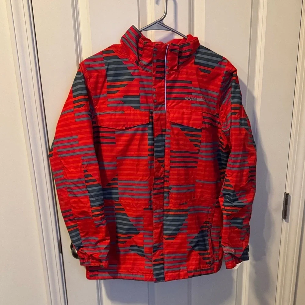 Columbia Red and Gray Striped Kids Waterproof Jacket
