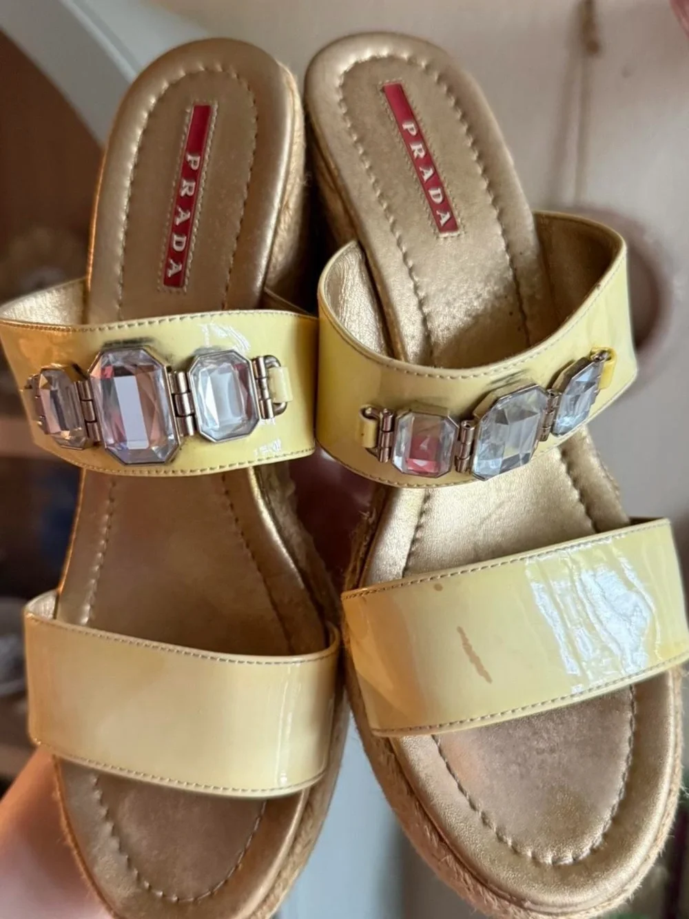 8 / Prada Yellow Patent Wedge Sandals with Crystal Accents