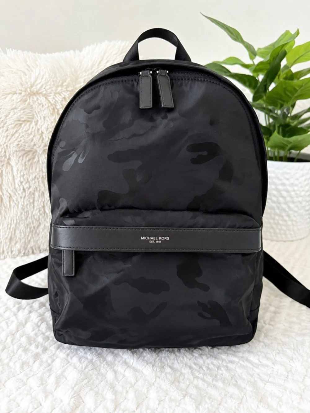 Michael Kors Black Tonal Camo Nylon Backpack Lightweight Travel Laptop Bag EUC
