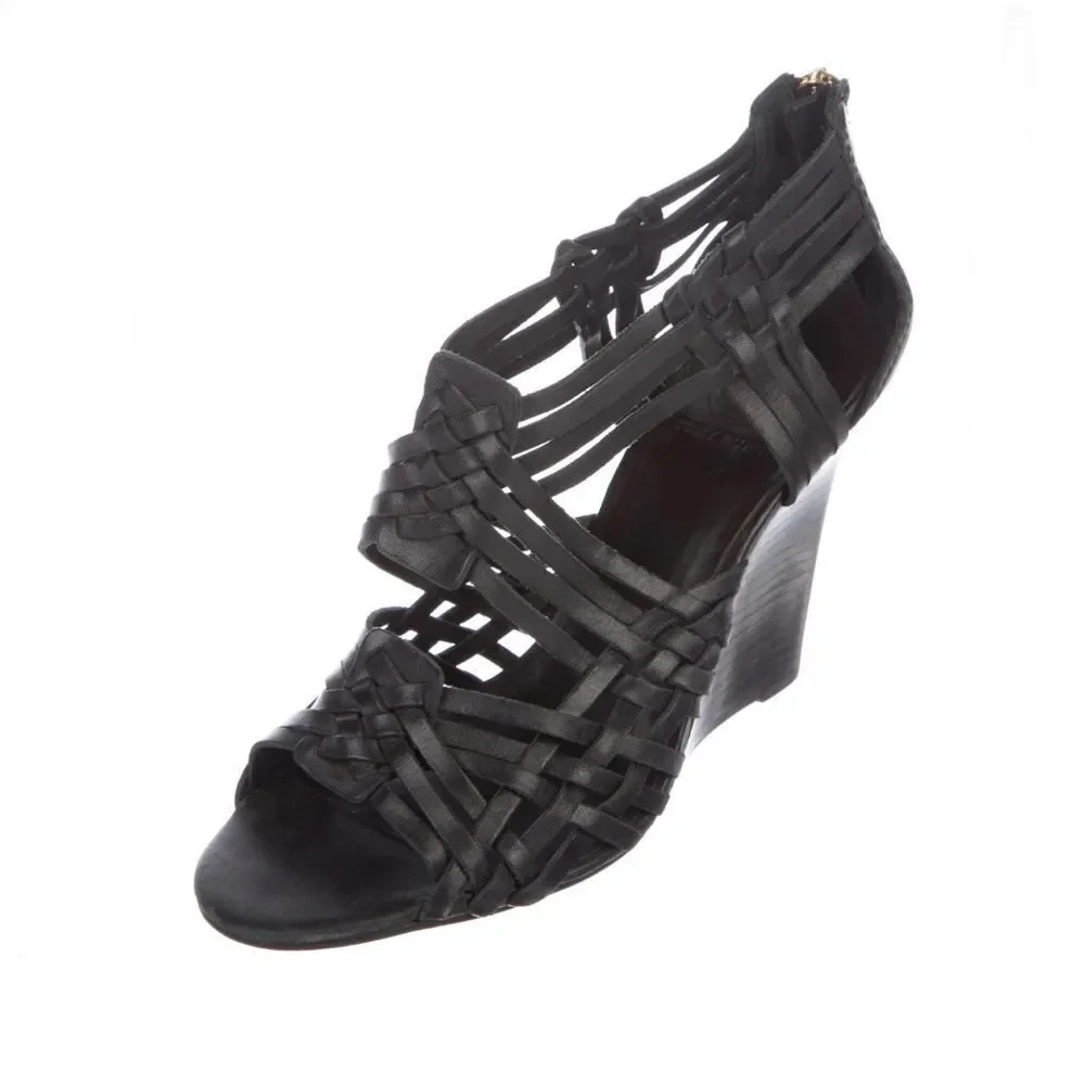Tory Burch Black Leather Tevray Huarache Wedge Sandals