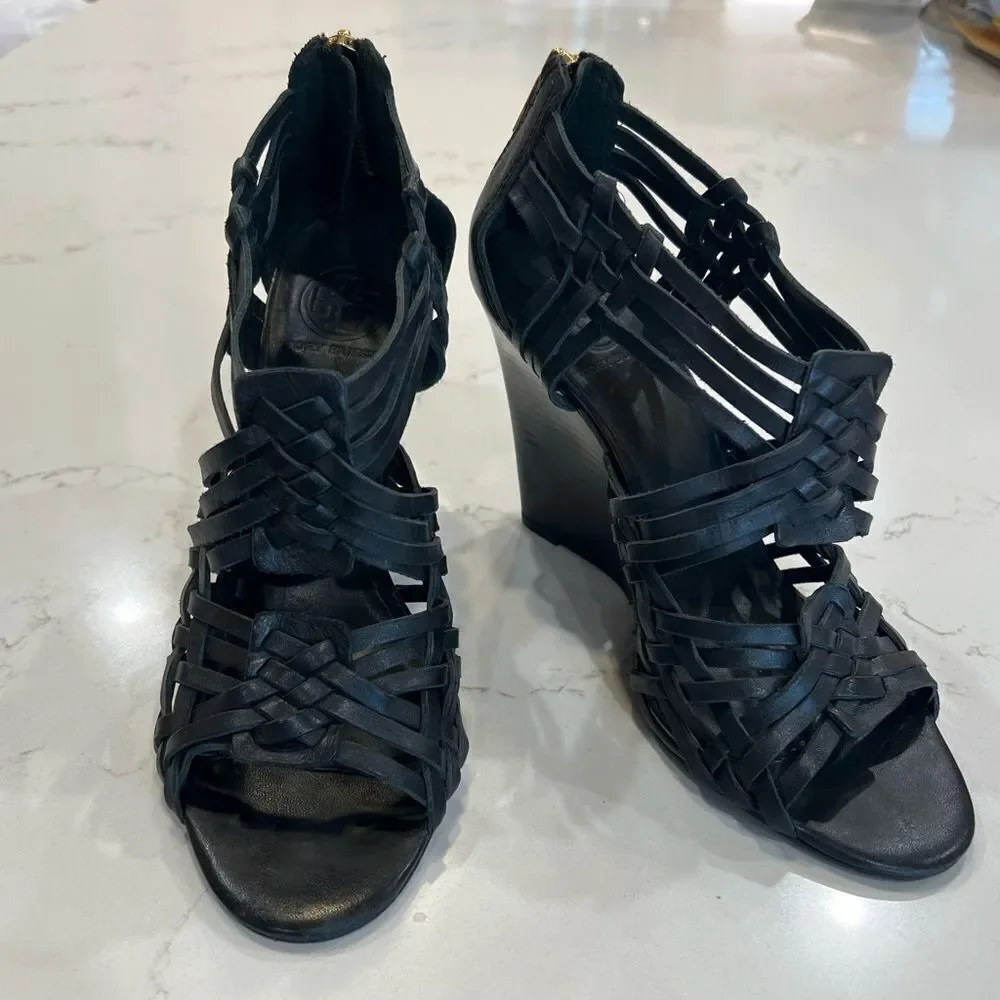 Tory Burch Black Leather Tevray Huarache Wedge Sandals