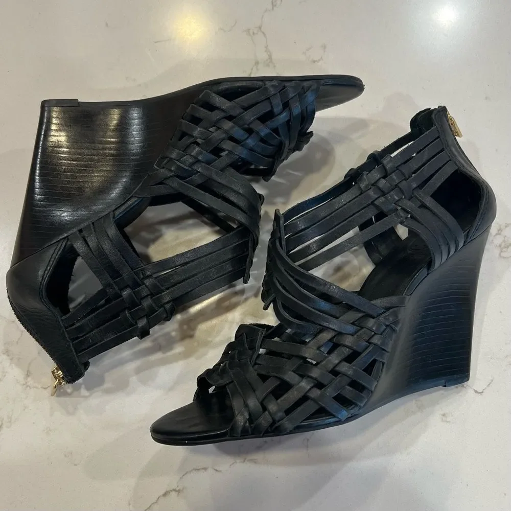Tory Burch Black Leather Tevray Huarache Wedge Sandals