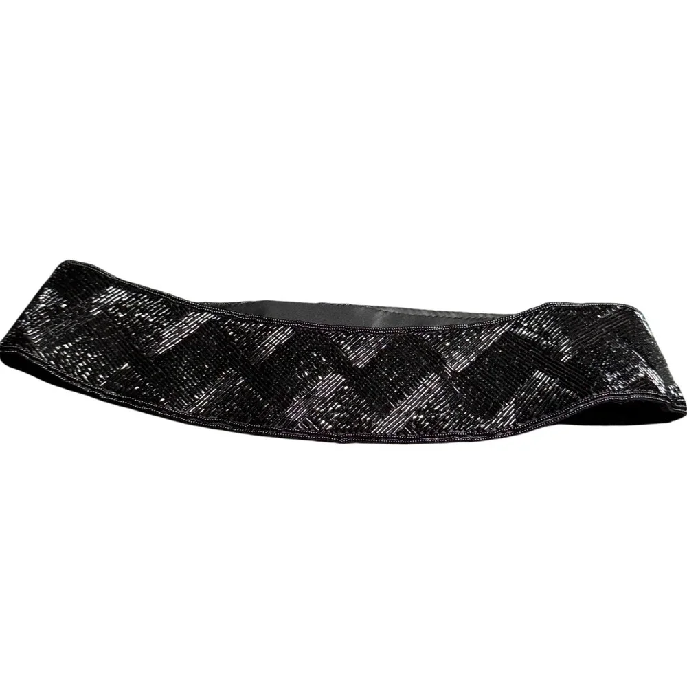 Vintage Black Beaded Wide Waist Belt Geometric Bugle Bead Velcro Closure 33 Inch