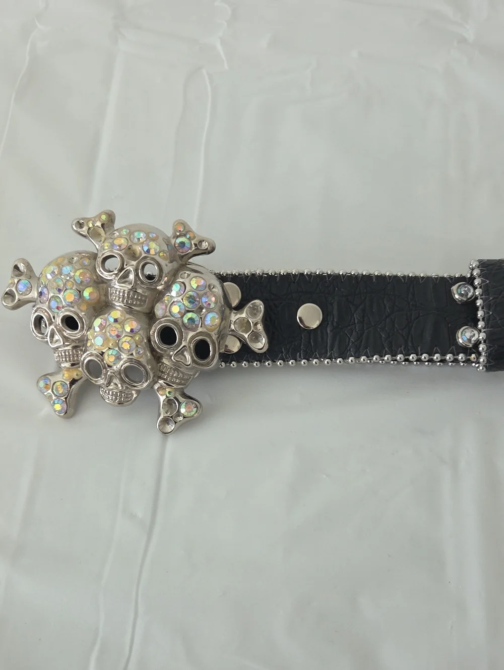 Skull Cluster Rhinestone Belt Buckle on Black Studded Belt