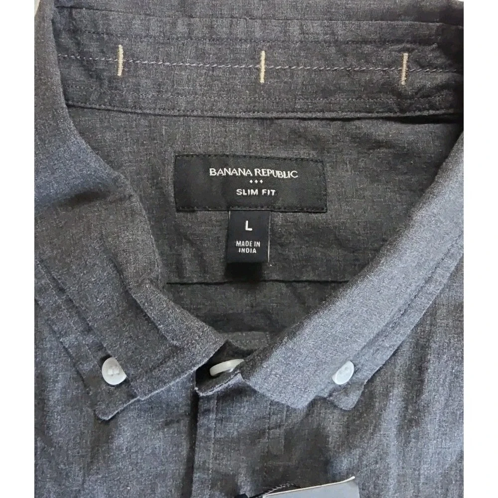 Banana Republic Shirt Mens Large L DARK GRAY SS Slim Fit Cotton Button‎ Down NWT