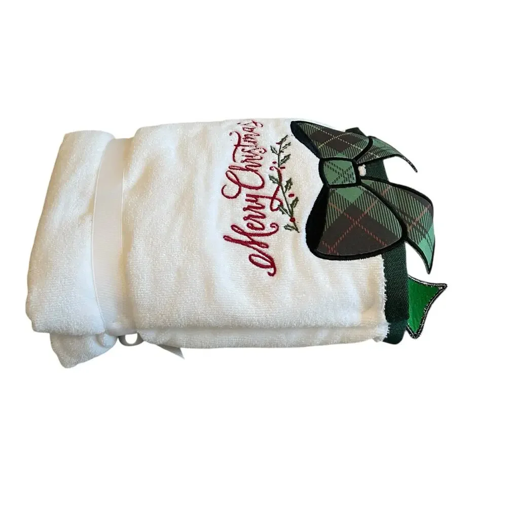 Rachel Zoe CHRISTMAS Plaid Bow Hand Towels Set of 2 Holiday Tartan New