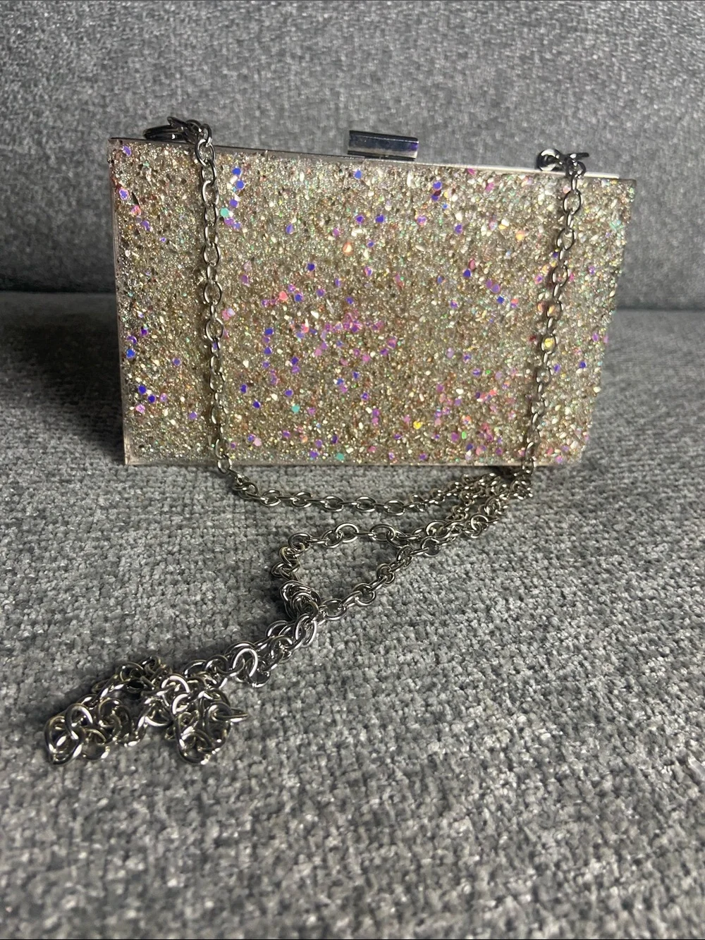 Glitter Evening Clutch Bag with Chain Strap - Champagne