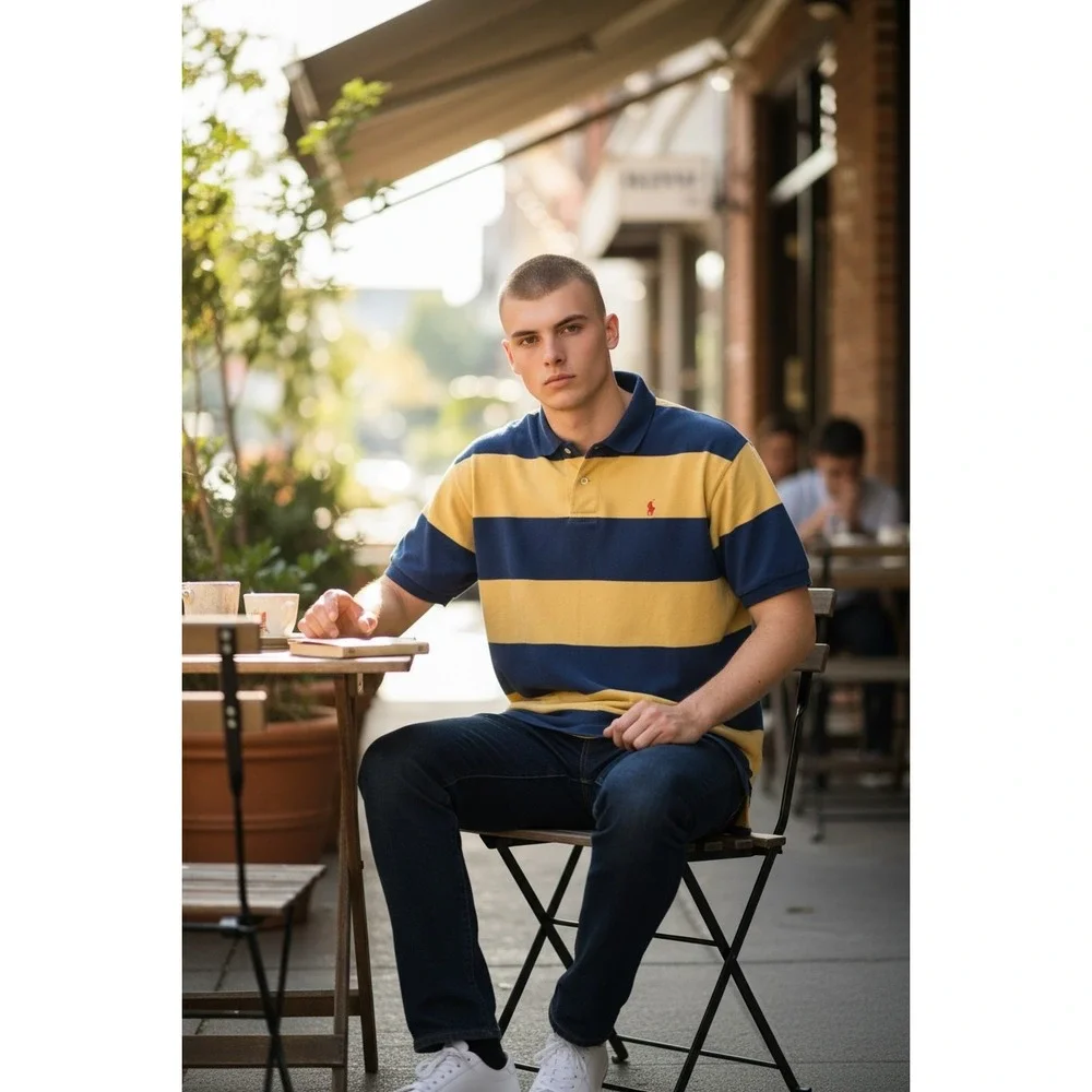 Polo Ralph Lauren Mens Blue Yellow Striped Short Sleeve Cotton‎ Polo Shirt L