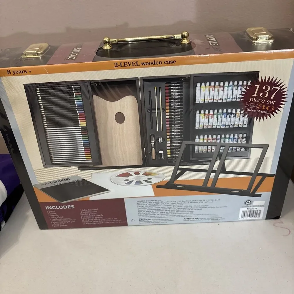 Battat Art Studio 2-Level Wooden Case 137 Piece Set, Includes 36 tubes of paint