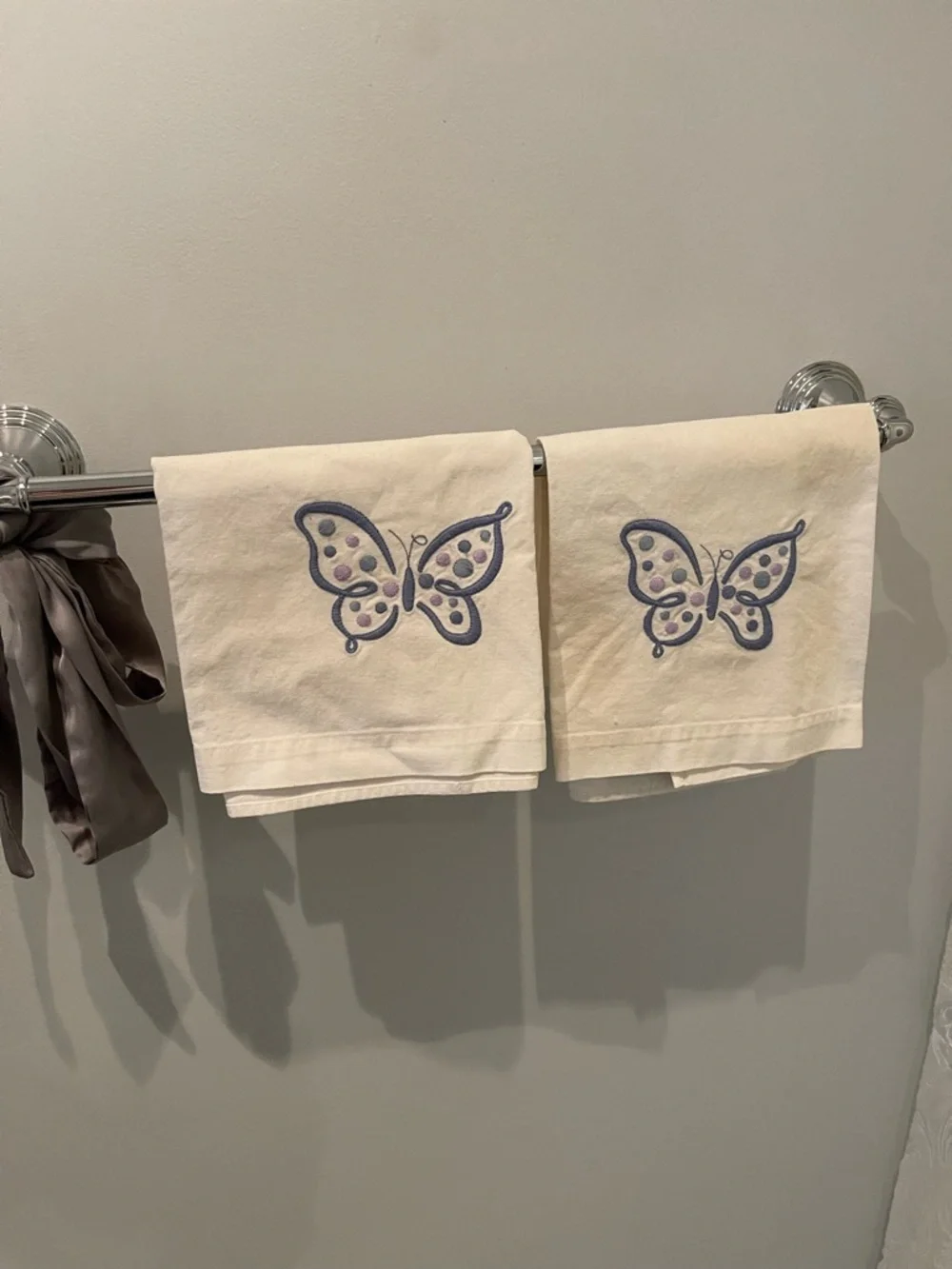 Pottery Barn Decorative Cotton Guest Hand Towel w Butterfly Embroidery Set of 2