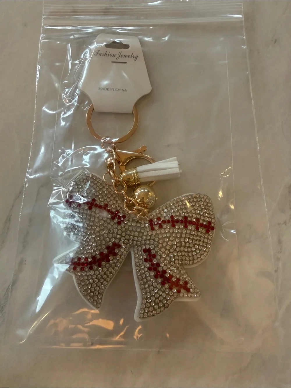 ✨ NWT Rhinestone Bling Baseball Bow Keychain & Bag Charm with tassel ✨