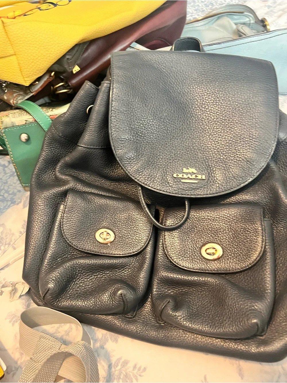 Coach Pebbled Leather Backpack in Navy with Gold Hardware
