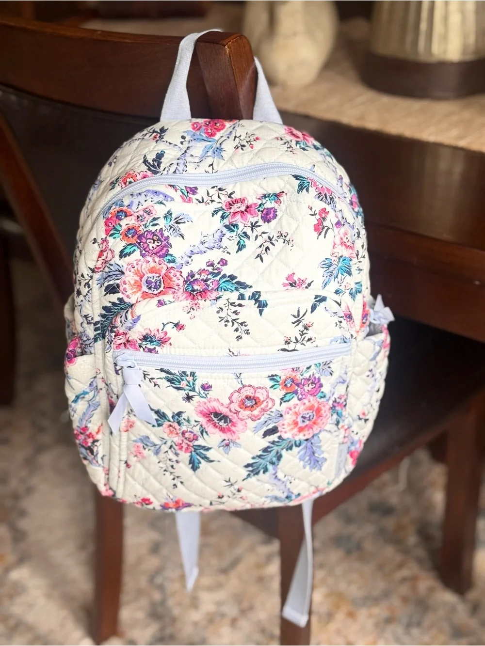 Vera Bradley White Floral Quilted Backpack with Pink and Blue Flowers