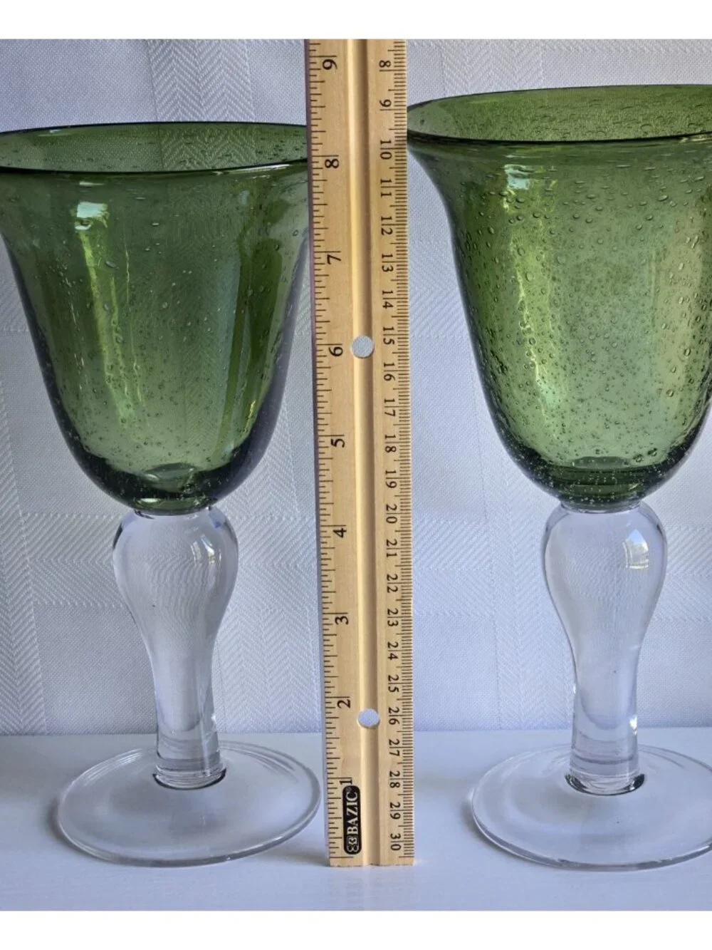 Two Hand-blown Sage Green Bubble Glass Water Goblets with a Thick Clear Stem