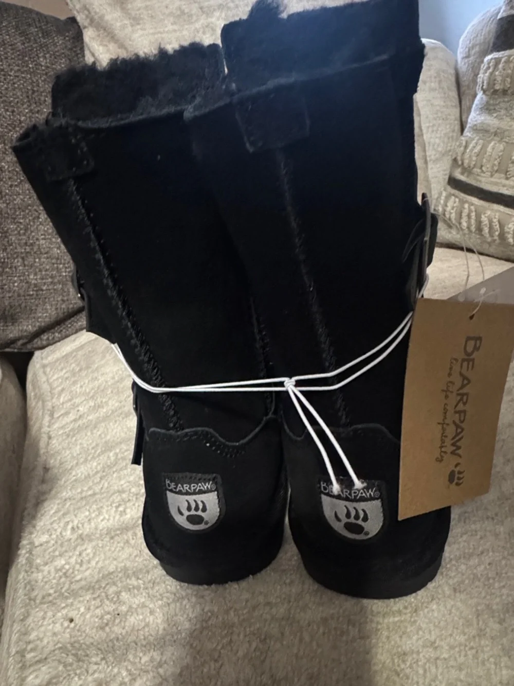 BearPaw Valerie Black Suede Short Shearling Boots with Buckle Strap