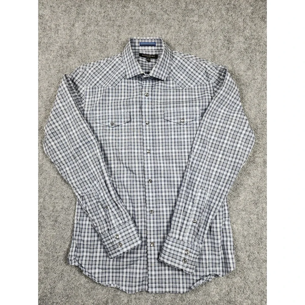 Banana Republic Mens Slim Fit Western Plaid Snap Button Shirt Blue White Small