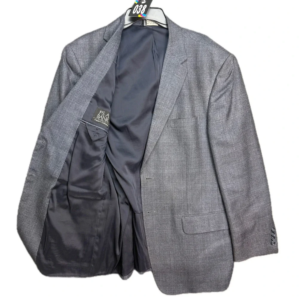 Jos A Bank Sport Coat Mens 44R Gray Silk Wool Plaid Traveler's Collection Blazer