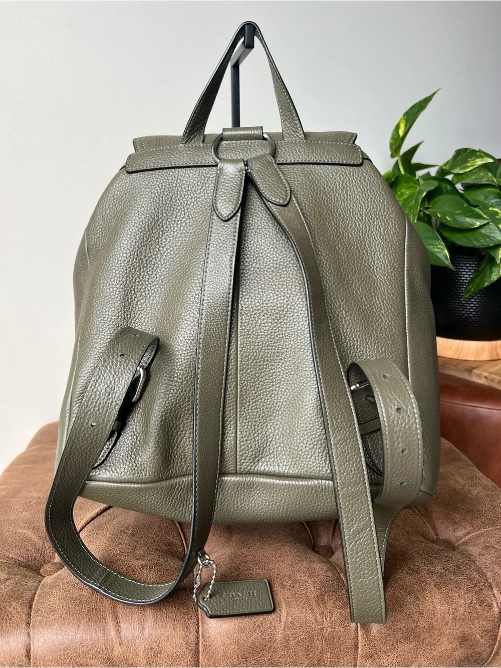Coach Olive Green Pebbled Leather Backpack with Front Pockets Style 6145