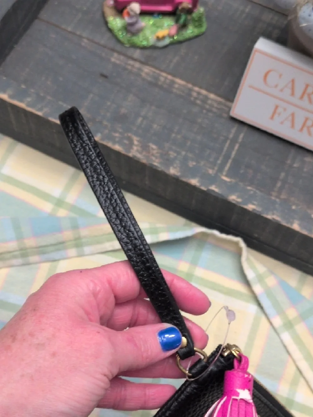 Fossil Black Tara Pebbled Leather Zip Pouch with Pink Tassel