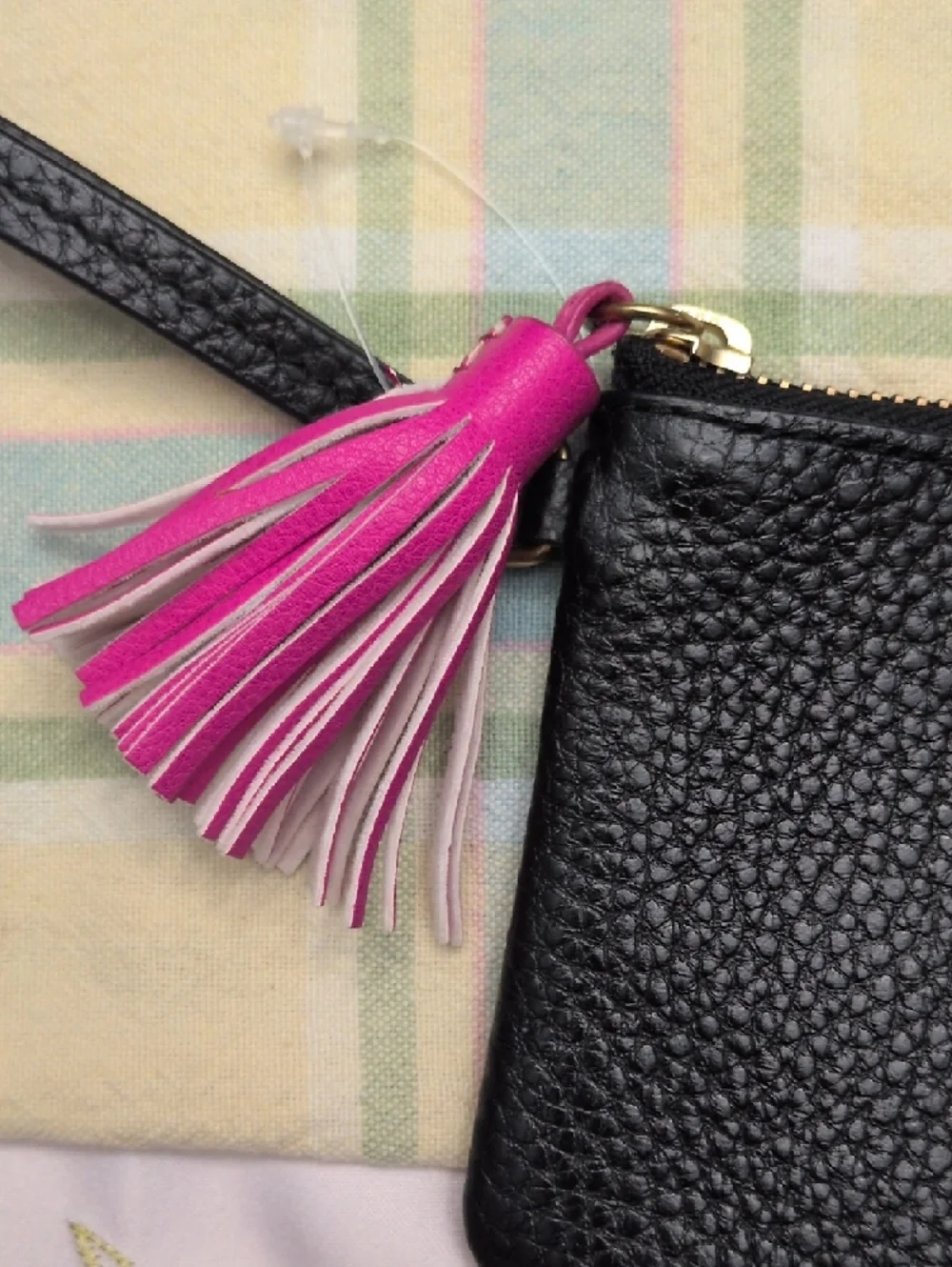 Fossil Black Tara Pebbled Leather Zip Pouch with Pink Tassel
