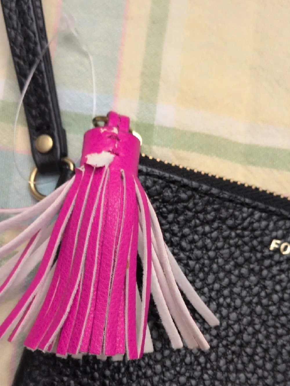 Fossil Black Tara Pebbled Leather Zip Pouch with Pink Tassel