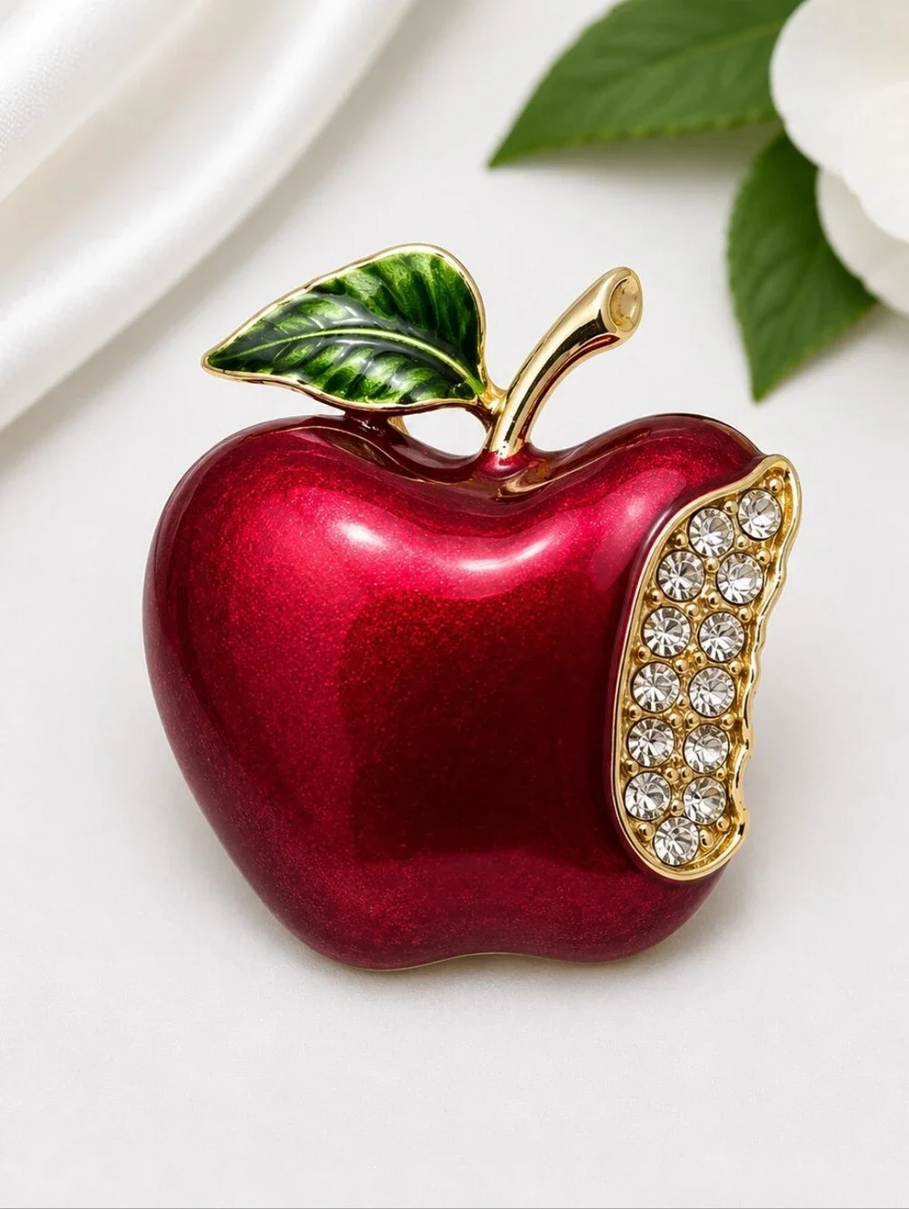 Red Apple Brooch Pin | Gold Tone Rhinestone Accent | Teacher Gift