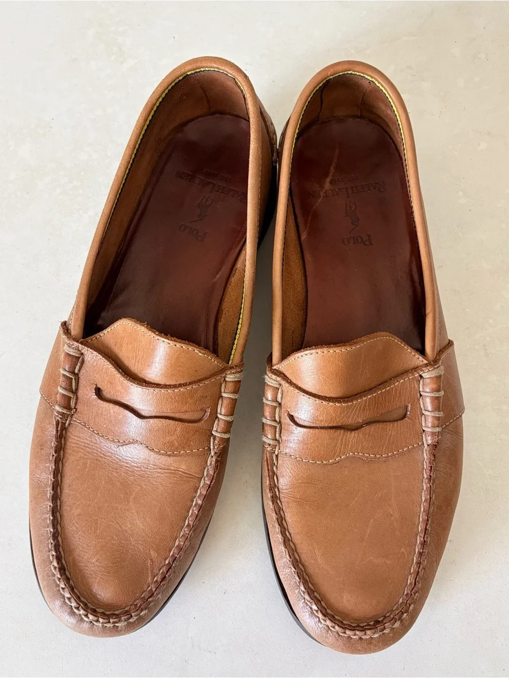 Polo Ralph Lauren Penny Loafers Mens Size 9.5 Brown Leather Slip On Dress Shoes