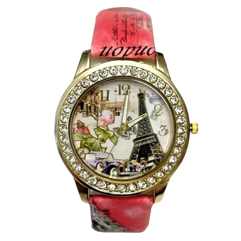 Women's PARIS EIFFEL TOWER BEJEWELED WATCH Red Pink Strap - NEW BATTERY