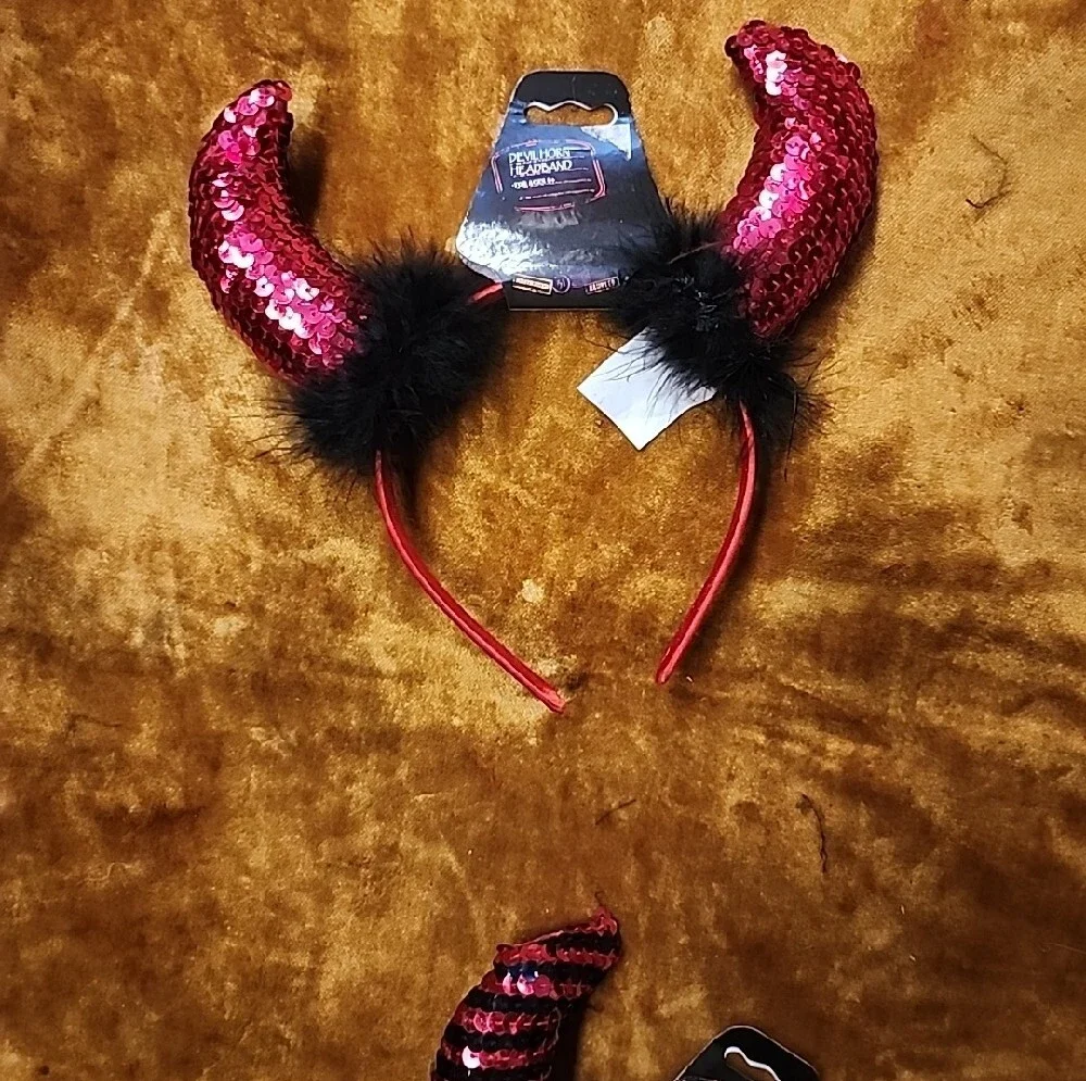 3pc Sequin Devil Horn Headband - Red & Black