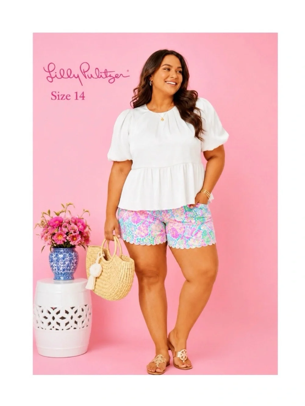 LILLY PULITZER Ivory Silky Satin Peplum Blouse Size 14