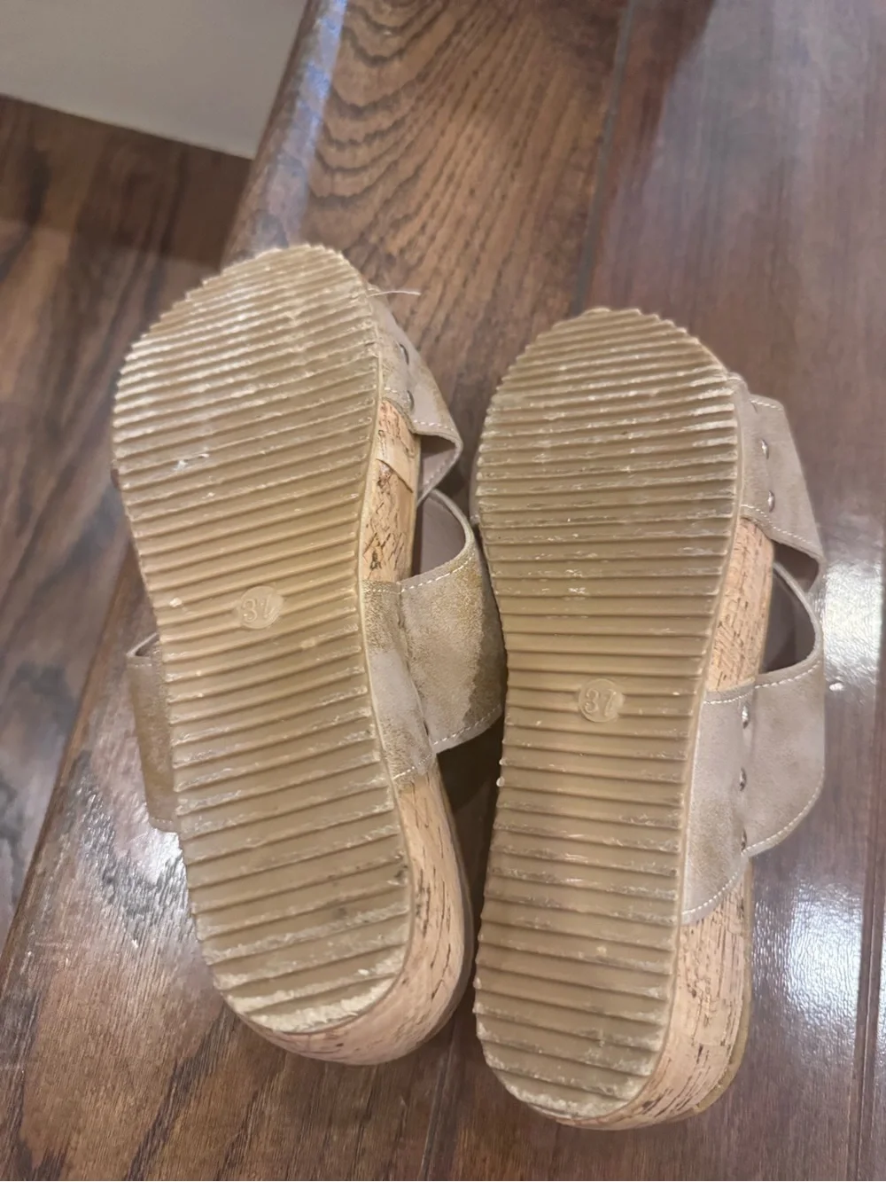 Neutral Cross-Strap Cork Wedge Sandals - Unknown Brand