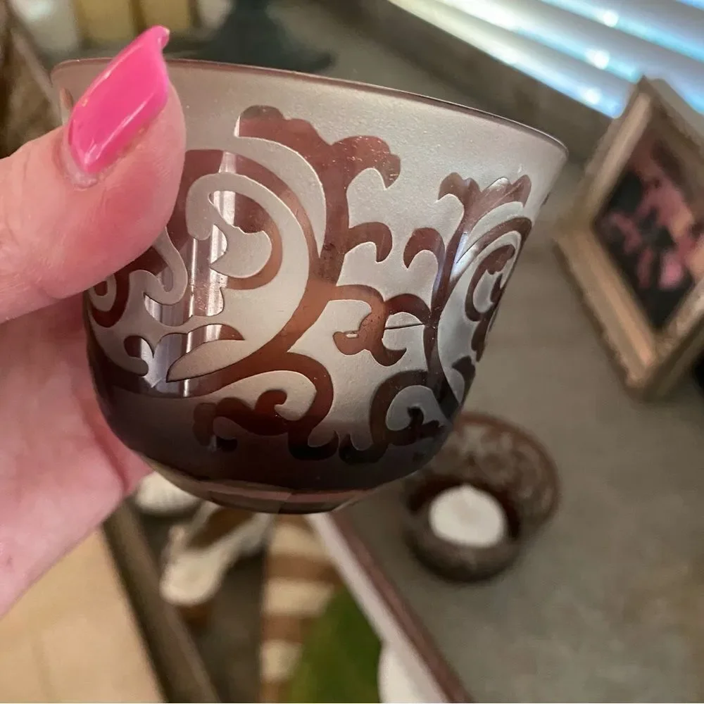 Purple Frosted Etched Glass Set of 3 Tea Light Candle Holders