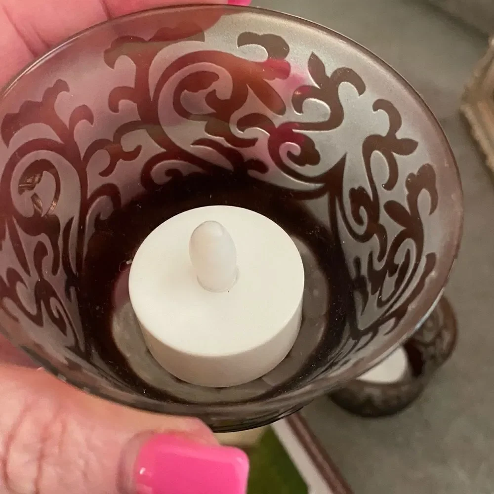 Purple Frosted Etched Glass Set of 3 Tea Light Candle Holders
