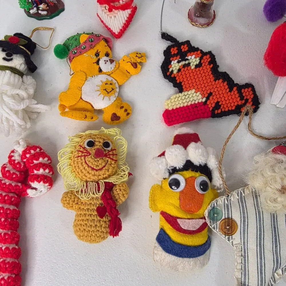 Lot 19 Vintage Handmade Christmas Ornaments Yarn Felt Crochet Pom Pom Sesame St