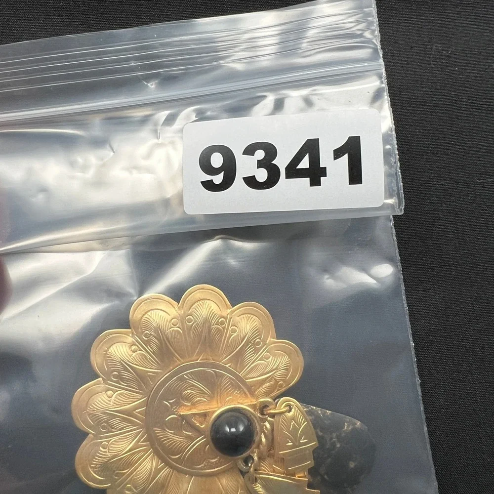 Vintage Brooch Etched Scalloped Gold Tone Black Boho Ethnic