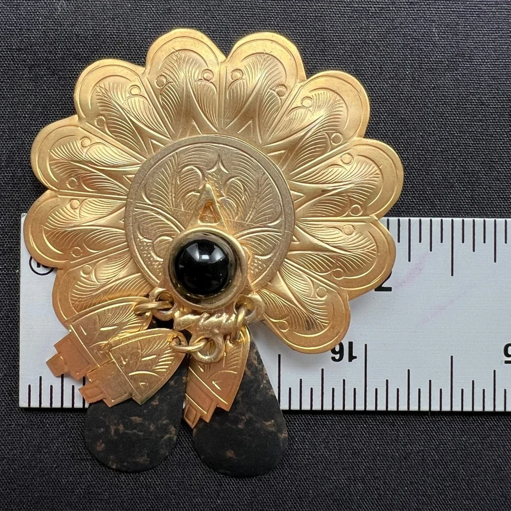 Vintage Brooch Etched Scalloped Gold Tone Black Boho Ethnic