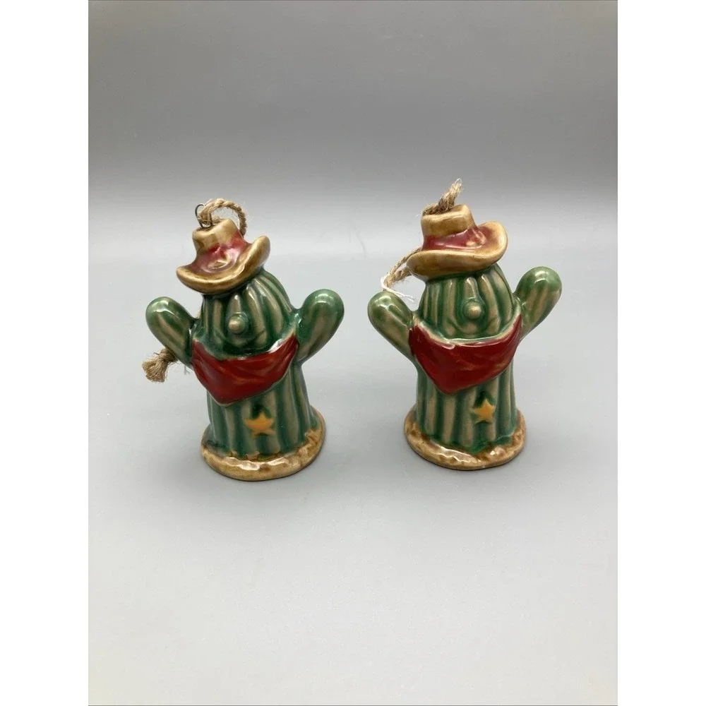 Set Of 2 Cowboy Saguaro Cactus Ceramic Ornaments Bandana Hat Western Fun