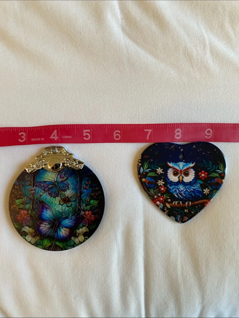 Colorful Heart Blue Owl Ornament and Stained Glass Butterfly Ornament Pair