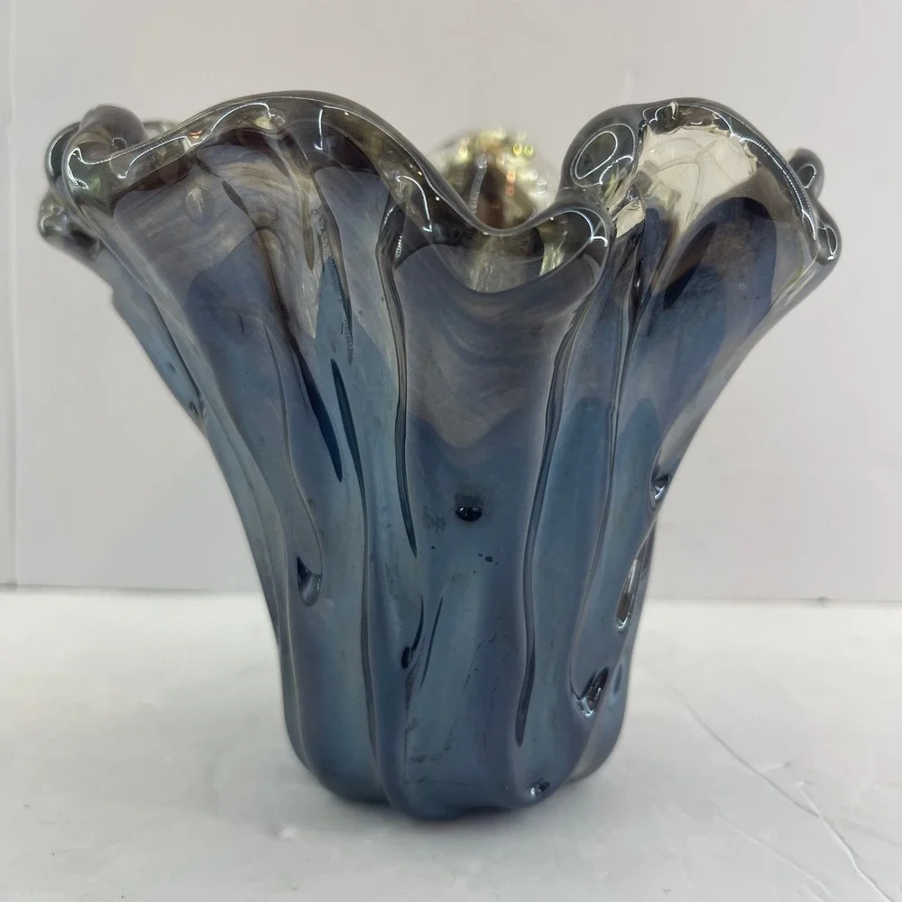 VTG Murano Style‎ Handkerchief Art Glass Vase Brown Swirl Ruffle Hand Blown